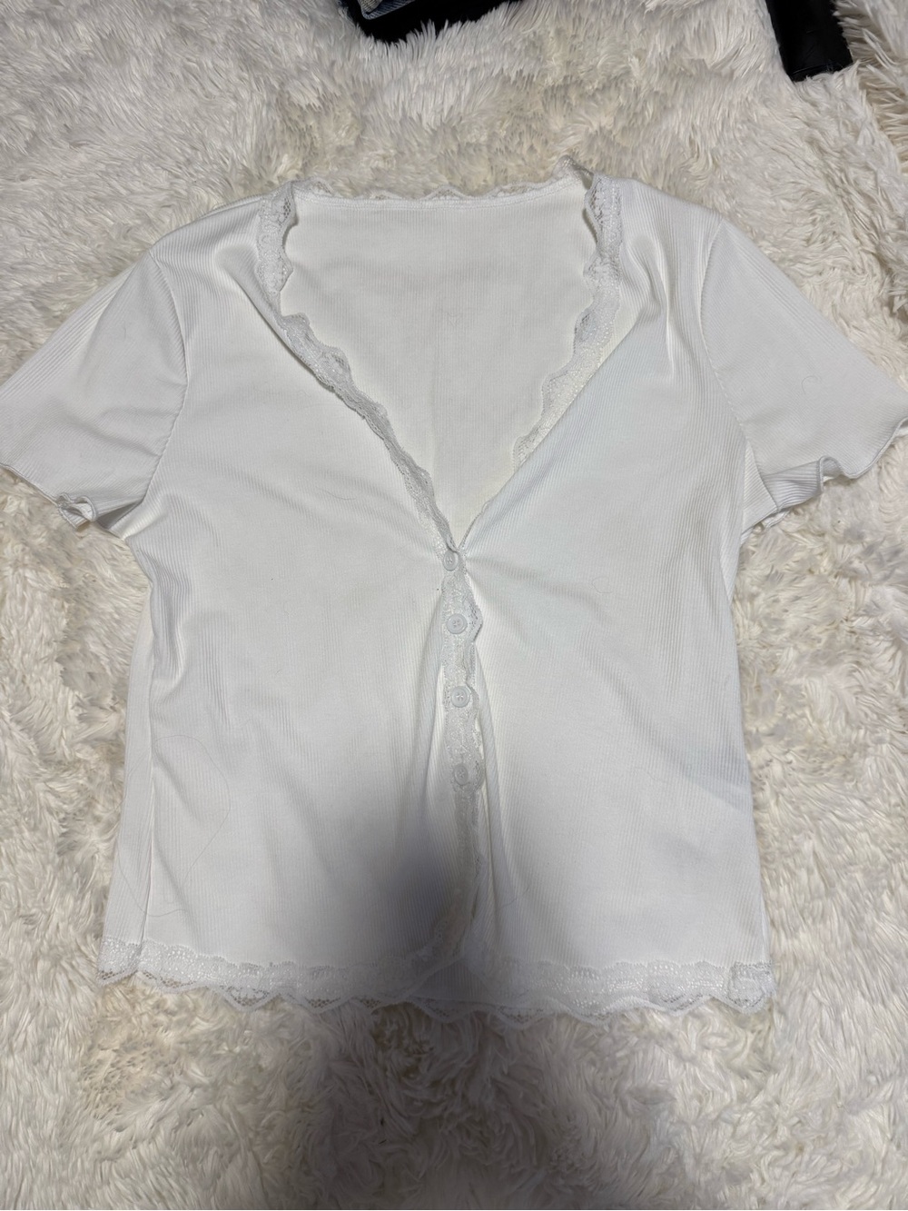 Lace-Trim White Short-Sleeve Button Cardigan